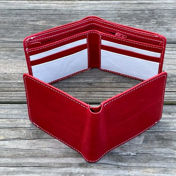 Cardholder Men  Wallet RedWhite Leather Handmade Lot of 2 - Picture 3 of 14